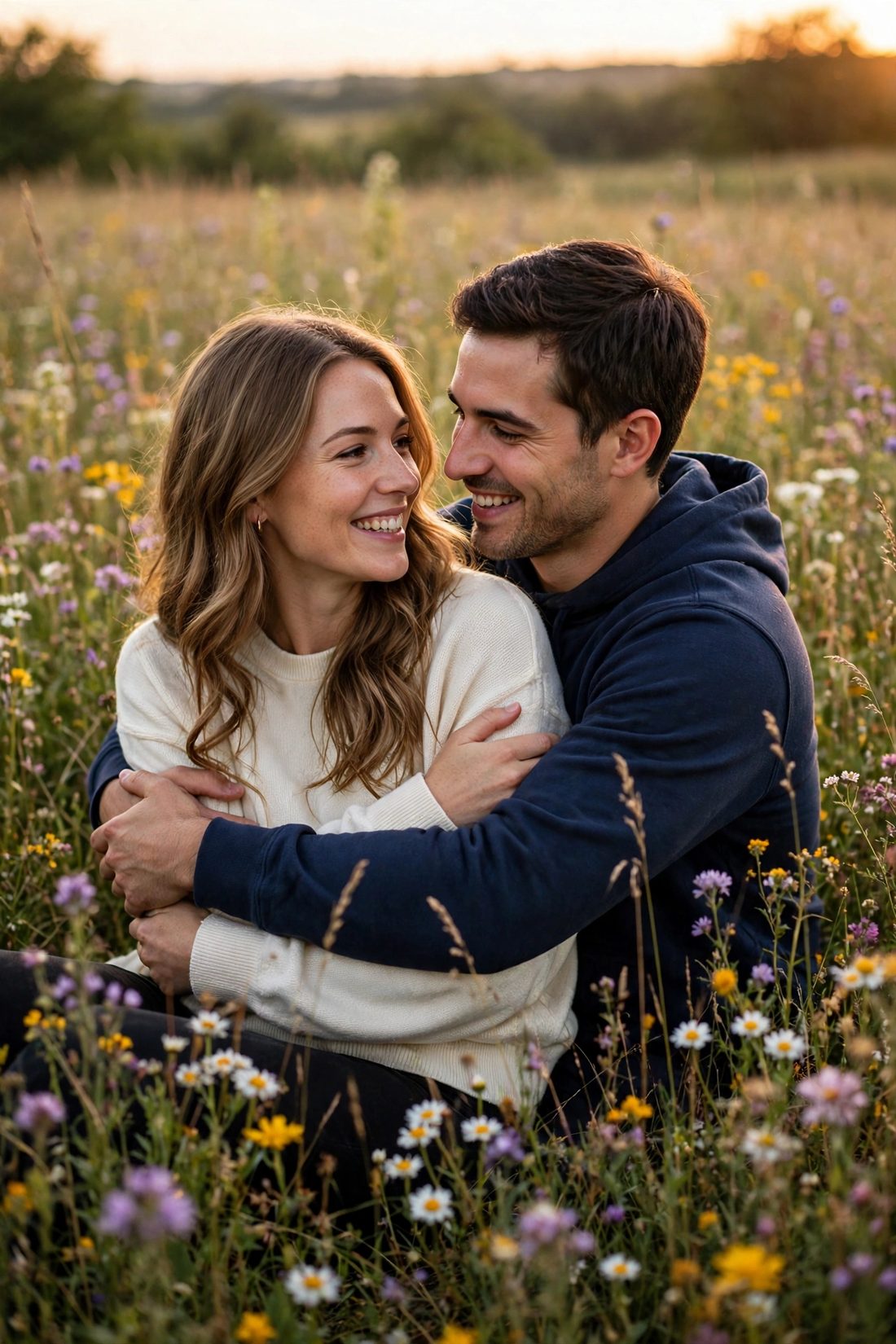 Chloe y Diego abrazados en un campo de flores