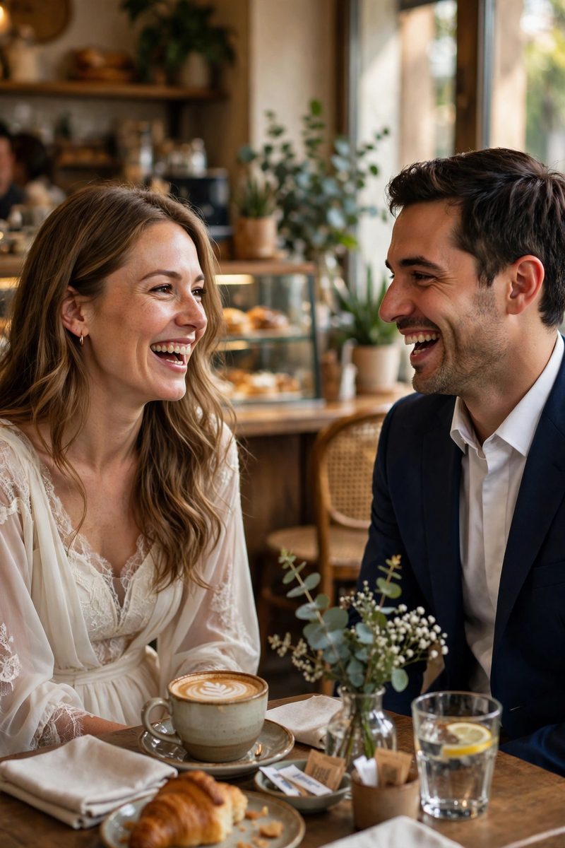 Chloe y Diego riendo en una cafetería