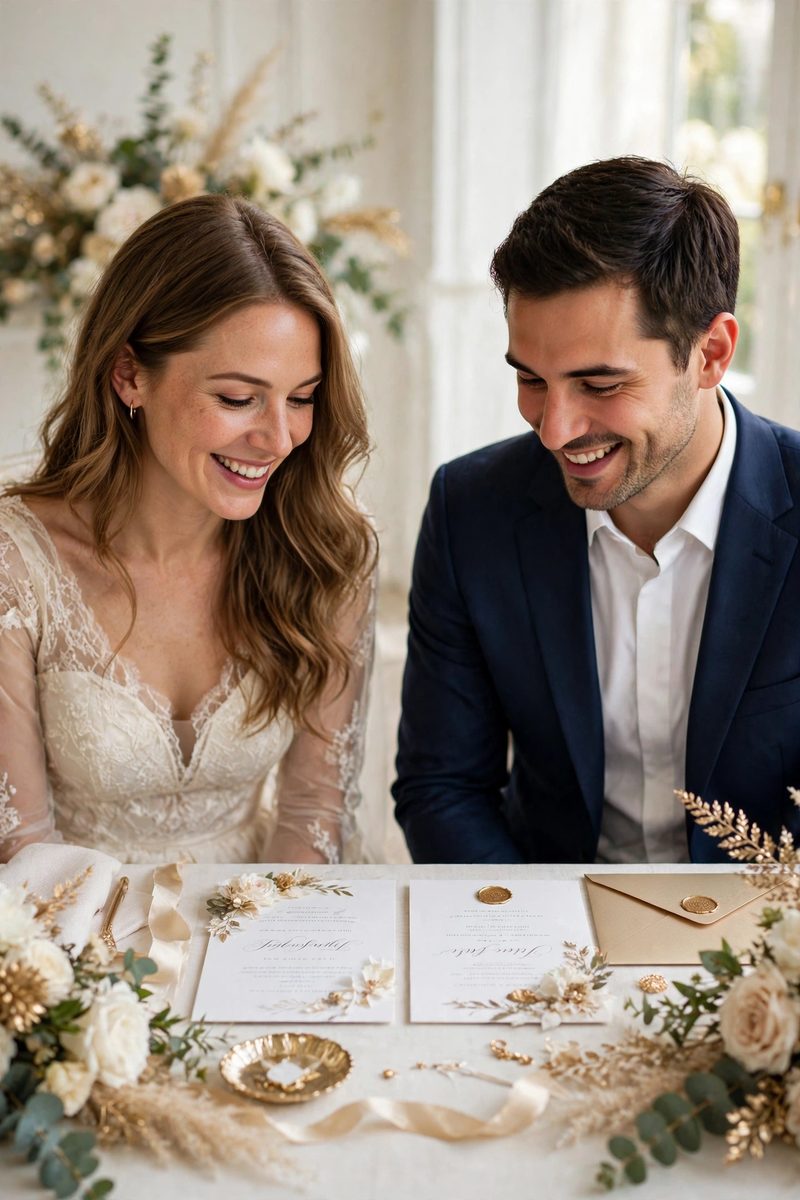 Chloe y Diego eligiendo las invitaciones de su boda